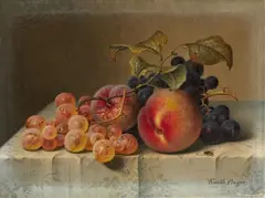 Emilie Preyer, Still Life with Peaches and Grapes on White Tablecloth, Oil on canvas