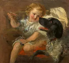 Fritz von Uhde, Girl playing with a Dog (presumably the Artist's Youngest Daughter Sophie), Oil on canvas, mounted on card