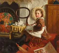 John St Helier Lander, Portrait of Elsie Esther Cornish, aged 7, seated at a table with her doll and tea set, Oil on canvas