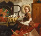 John St Helier Lander, Portrait of Elsie Esther Cornish, aged 7, seated at a table with her doll and tea set, Oil on canvas