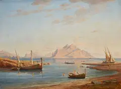 Robert Kummer, Sicilian coastal landscape with a view of Monte Pellegrino, Oil on card