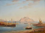 Robert Kummer, Sicilian coastal landscape with a view of Monte Pellegrino, Oil on card