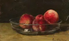 Eugen Claude, A Fruit Still Life with Peaches in a Glass Bowl, Oil on panel