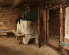Alexander Koester, Cottage Interior with a Green Oven, Oil on canvas, mounted on card
