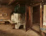 Alexander Koester, Cottage Interior with a Green Oven, Oil on canvas, mounted on card