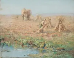 Fritz von Uhde, Grain Harvest with Small Pond in the Foreground, Oil on canvas