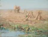 Fritz von Uhde, Grain Harvest with Small Pond in the Foreground