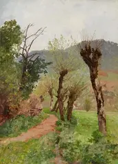 Friedrich Kallmorgen, Landscape with Willow Trees, Oil on card