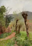 Friedrich Kallmorgen, Landscape with Willow Trees, Oil on card