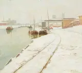 Erich von Perfall, View of Neuss Harbour with St. Quirinus in the Background, Oil on canvas