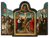 A small Triptych with the Crucifixion by studio of or attributed to Jacob Cornelisz. van Oostsanen, Oil on panel. Central panel, offered Nov 2023