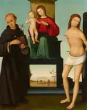 Madonna and child enthroned with Saint Nicholas of Tolentino and Saint Sebastian by Master of the Maddalena Assunta, Oil on panel., sold Nov 2023
