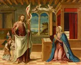 attributed to Girolamo da Santacroce, Christ Appears to the Madonna, Oil on panel
