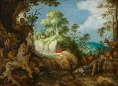 Roelant Savery, Landscape with Elijah Fed by Ravens, Oil on panel