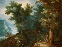 attributed to Anton Mirou, Wooded River Landscape with Huntsmen Resting by a Path, the Flight into Egypt in the Background, Oil on copper