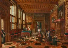 Paul Vredeman de Vries, Elegant Company in a Palace, Oil on panel (parquetted)