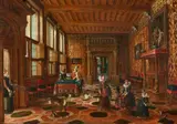 Paul Vredeman de Vries, Elegant Company in a Palace, Oil on panel (parquetted)