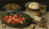 Georg Flegel, Meal with Strawberries, Walnuts, Bread, Butter and Wine, Oil on panel