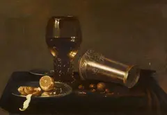 Hans van Sant, Still Life with a Rummer, an Overturned Silver Cup, a Lemon, Olives, Nuts and a Knife, Oil on panel