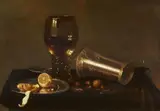 Hans van Sant, Still Life with a Rummer, an Overturned Silver Cup, a Lemon, Olives, Nuts and a Knife, Oil on panel