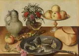 attributed to Jacques Linard, Still Life with Flowers, Fruit, Bread, Wine and Fish on a Pewter Plate, Oil on canvas (relined)