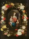 The Virgin and Child with the Infant Saint John surrounded by a Garland of Flowers by studio of Jan Brueghel the Younger, Oil on panel, offered Nov 2023