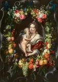 Frans Ykens Cornelius Schut, Venus and Cupid surrounded by a floral wreath, Oil on panel (parquetted)