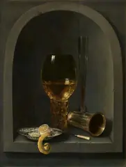 Willem Claesz. Heda, Still Life with a Rummer, Venetian Flute Glass, Silver Cup next to a Blue-and-White Porcelain Bowl with Peeled Lemon and a Knife, all Arranged in a Stone Niche, Oil on panel