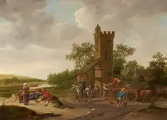 Jan Steen, Landscape with a River and a Tower, in front of which men are loading or unloading a Cart alongside other Figures, including a Horseman, a Mother with Children and two Resting Men., Oil on canvas (relined)