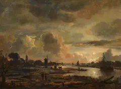 Aert van der Neer, Wide river landscape by moonlight, Oil on canvas (relined)
