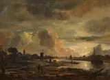 Aert van der Neer, Wide river landscape by moonlight, Oil on canvas (relined)