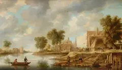 attributed to Aert van der Neer, River Landscape with Village, two Horse-Drawn Carriages in front of a Rest Stop and a Boat with Fishermen, Oil on panel (parquetted)