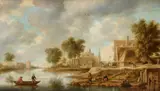 attributed to Aert van der Neer, River Landscape with Village, two Horse-Drawn Carriages in front of a Rest Stop and a Boat with Fishermen, Oil on panel (parquetted)