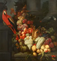 attributed to Joris van Son, Still Life with a Parrot and Fruit, Oil on canvas (relined)