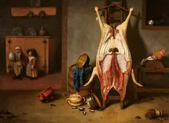 Hubert van Ravesteyn, Stable Scene with a Slaughtered Pig, two Children with a Pig's Bladder, a Rooster and a Cat, Oil on panel