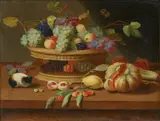 Jan van Kessel the Younger, Fruit Basket on Plinth with Guinea Pig, Oil on copper