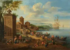 Pieter Bout, Busy Harbour Scene with a Walled City in the Background, Oil on panel
