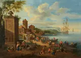 Pieter Bout, Busy Harbour Scene with a Walled City in the Background, Oil on panel
