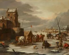 Dirk Maas, Skaters in a Winter Landscape, Oil on panel (parquetted)