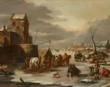 Dirk Maas, Skaters in a Winter Landscape, Oil on panel (parquetted)