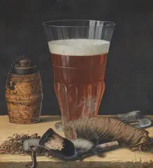Magnus Rommel, Two Still Lifes with Wine and Beer Glasses, Oysters and Smoking Utensils, Gouache on paper, mounted on card. Each