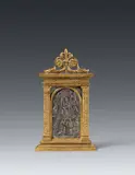 An Italian silver pax, 15th/16th century by Italy 15th & 16th century, Silver niello; cast, chased and gilded bronze. Finely wrought pax panel in a richly ornamented architectural surround de, offered Nov 2023