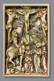 France 17th century, A 17th century French carved ivory Crucifixion relief, Carved ivory with extensive remains of older polychromy. High relief depiction in a simple surround. The composition of this piece is highly comparable to an ivory relief in the Musée Paul Dupuy (Toulouse) that was presumably based on the same print. A single vertical crack in the lower centre, otherwise in good condition. Some soiling. Firmly mounted in a velvet covered wooden frame