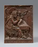 A carved wood relief of St Matthew, Bavaria, 1st quarter 17th century by Bavaria 1st quarter 17th century, Partially freestanding, the original front strip on the lower edge separately attached. Depicting the Evangelist seated , sold Nov 2023