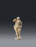 attributed to Francis van Bossuit, A carved ivory figure of Hercules, attributed to Francis van Bossuit, Carved in the round and partially pierced. This figure of Hercules, carved in the round, shows him standing in contrapposto with his club shouldered, holding in his left hand the skin of the Nemean lion, which falls to his feet on the reverse of the figure. The small, finely carved sculpture is traditionally attributed to the Flemish artist Francis van Bossuit, who, after his training in Brussels in 1655-1660, went to Italy to study the works of François Duquesnoy and Bernini. Returning north to Amsterdam, he specialised in small-format ivory objects for private collectors' cabinets of curiosities. Some short vertical hairline cracks. Two small drilled holes to the back of the head and shoulders. Slightly yellowed. Mounted on an ivory veneered wooden plinth