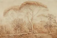 Jacob Philipp Hackert, Hunter in the Cascines of Pisa, Brush and ink in brown over pencil