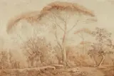Jacob Philipp Hackert, Hunter in the Cascines of Pisa, Brush and ink in brown over pencil