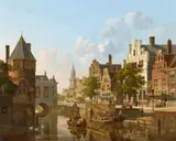 Jan Hendrik Verheijen, Busy Scene on a Canal in a Dutch Town, Oil on panel