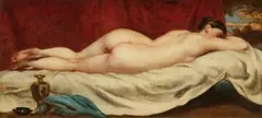 William Etty, Sleeping Female Nude Lying on Sofa against a Red Curtain, Oil on canvas