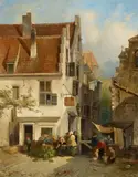 Salomon Leonardus Verveer, View of a Dutch Town with Market Stalls, Oil on panel